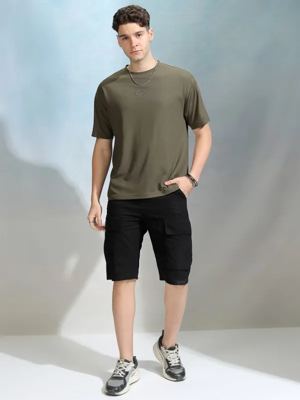 Highlander Men Olive Solid Round Neck Relaxed Fit T-Shirt
