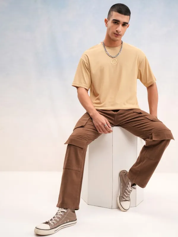 Highlander Men Beige Printed Round Neck Oversized Fit T-Shirt