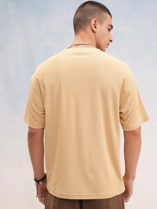 Highlander Men Beige Printed Round Neck Oversized Fit T-Shirt