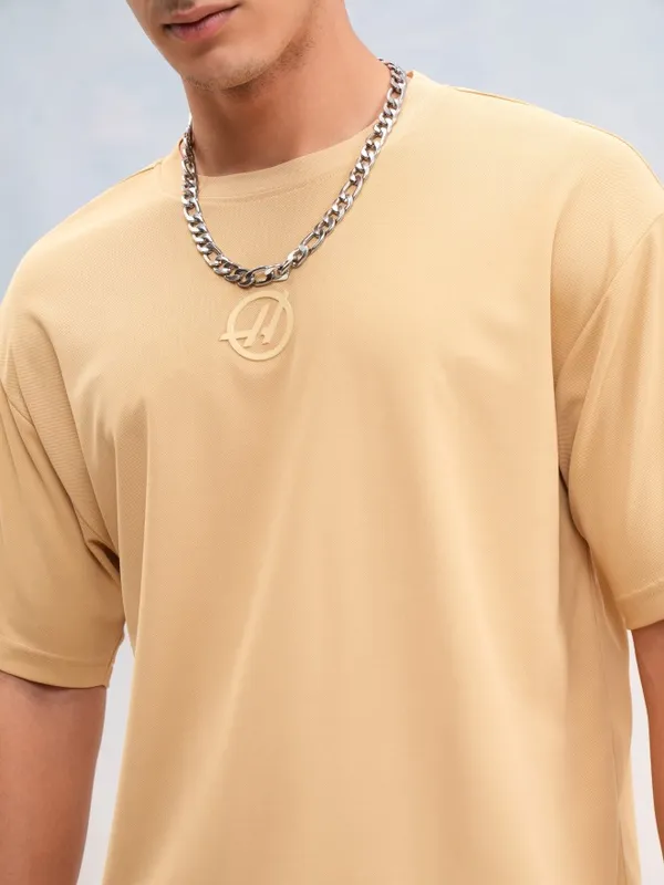 Highlander Men Beige Printed Round Neck Oversized Fit T-Shirt