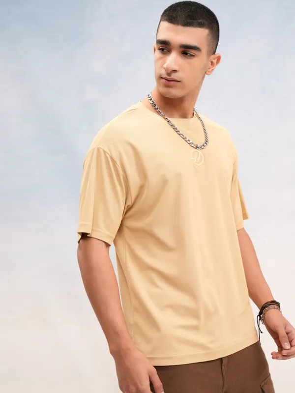 Highlander Men Beige Printed Round Neck Oversized Fit T-Shirt
