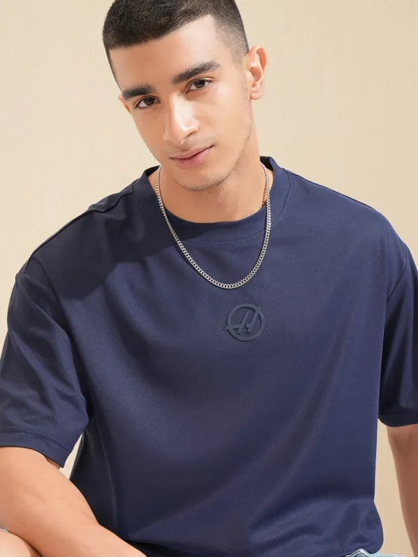 Highlander Men Navy Blue Brand Logo Relaxed Fit T-Shirt