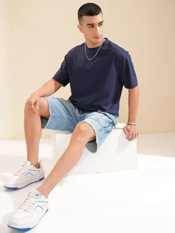 Highlander Men Navy Blue Brand Logo Relaxed Fit T-Shirt
