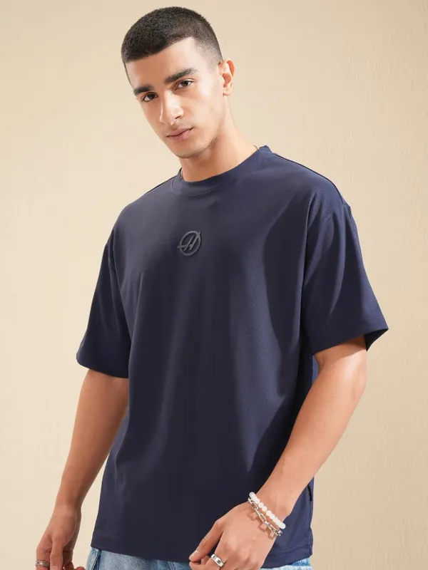 Highlander Men Navy Blue Brand Logo Relaxed Fit T-Shirt