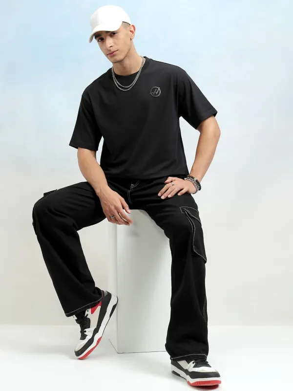 Highlander Men Black Round Neck Drop Shoulder Oversized Tshirt