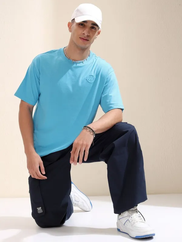 Highlander Men Turquoise Printed Round Neck Relaxed Fit T-Shirt