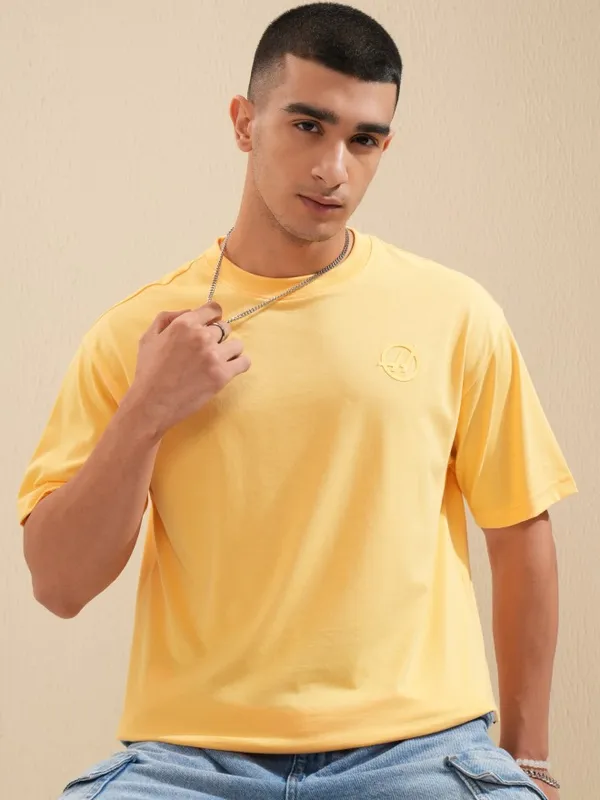 Highlander Men Yellow Printed Round Neck Oversized Fit T-Shirt