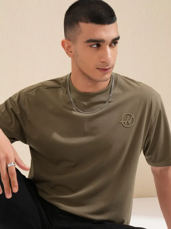Highlander Men Brown Printed Round Neck Oversized Fit T-Shirt