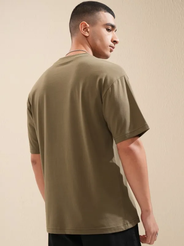 Highlander Men Brown Printed Round Neck Oversized Fit T-Shirt
