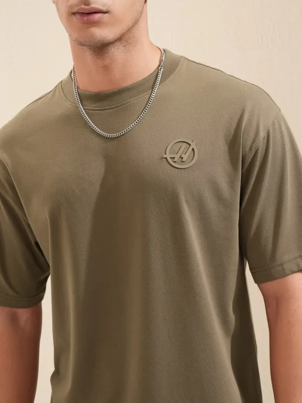 Highlander Men Brown Printed Round Neck Oversized Fit T-Shirt
