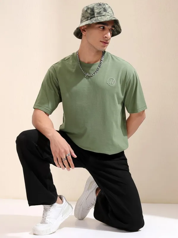 Highlander Men Olive Printed Round Neck Relaxed Fit T-Shirt