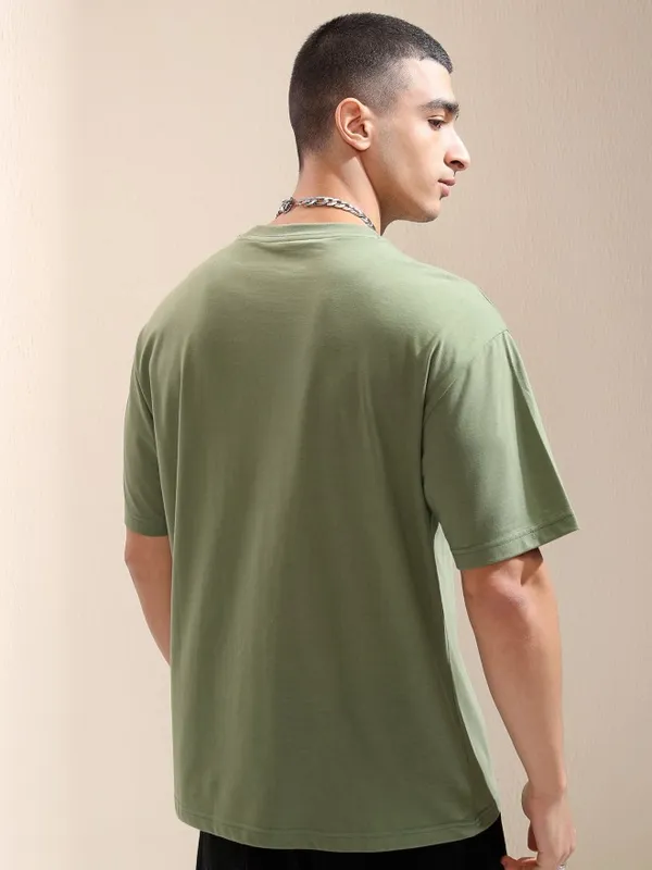 Highlander Men Olive Printed Round Neck Relaxed Fit T-Shirt