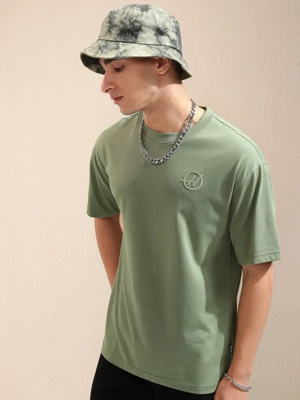 Highlander Men Olive Printed Round Neck Relaxed Fit T-Shirt