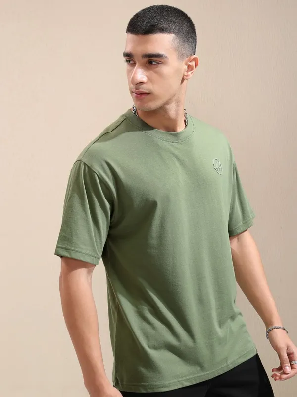 Highlander Men Olive Printed Round Neck Relaxed Fit T-Shirt