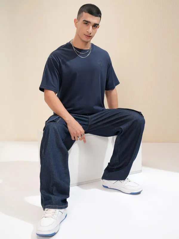 Highlander Men Navy Blue Printed Round Neck Relaxed Fit T-Shirt