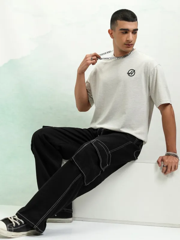Highlander Men Off White Printed Round Neck Oversized Fit T-Shirt