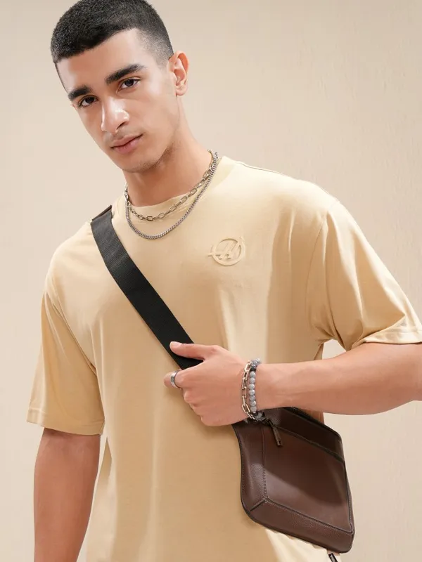 Highlander Men Beige Printed Round Neck Relaxed Fit T-Shirt