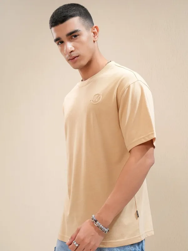 Highlander Men Beige Printed Round Neck Relaxed Fit T-Shirt