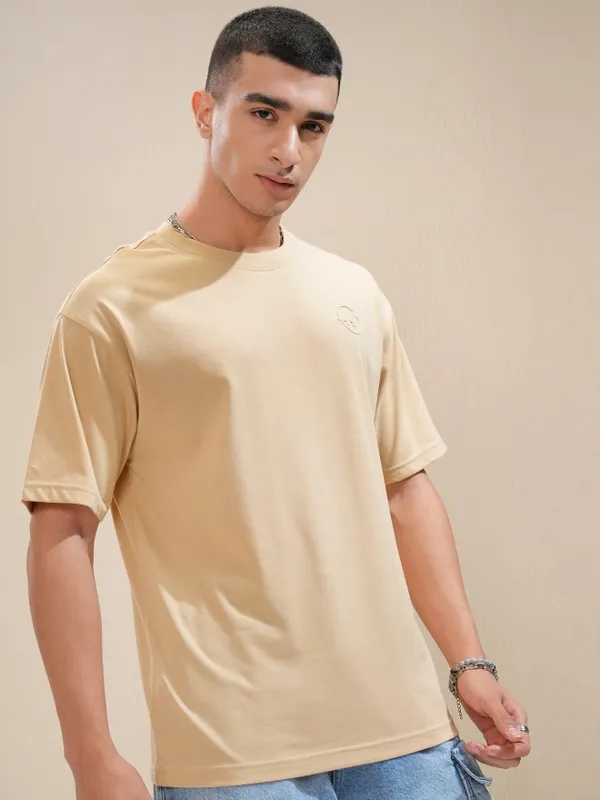 Highlander Men Beige Printed Round Neck Relaxed Fit T-Shirt