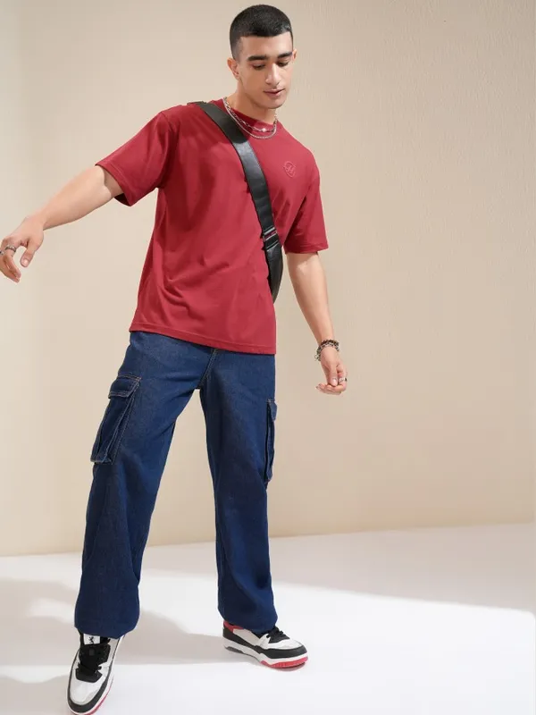 Highlander Men Maroon Printed Round Neck Relaxed Fit T-Shirt