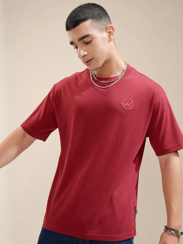 Highlander Men Maroon Printed Round Neck Relaxed Fit T-Shirt