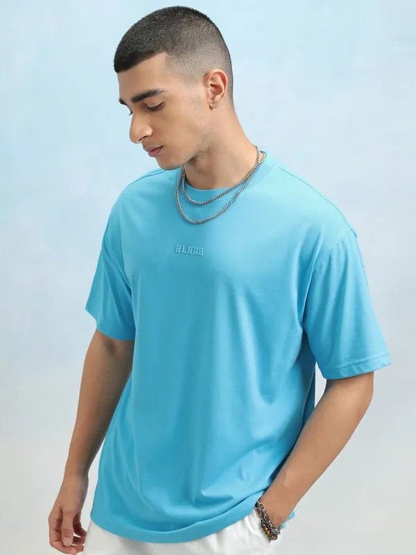 Highlander Men Turquoise Blue Drop Shoulder Oversized Tshirt