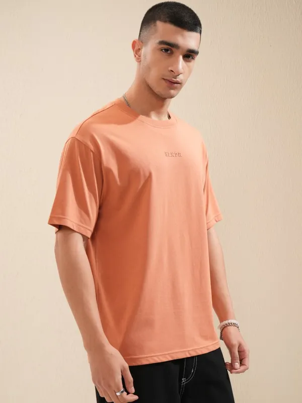 Highlander Men Rust Printed Round Neck Oversized Fit T-Shirt