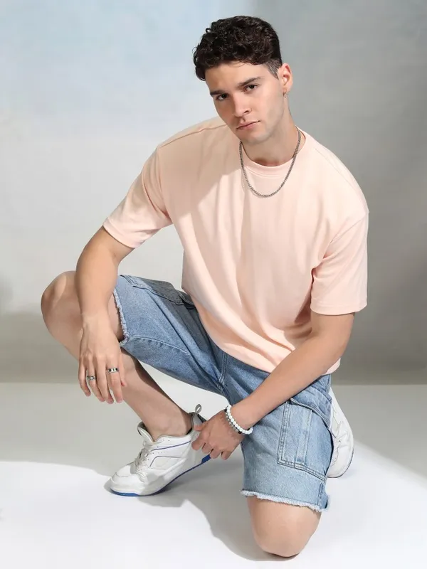 Highlander Men Peach Solid Round Neck Relaxed Fit T-Shirt