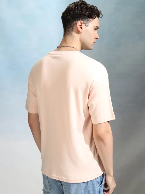 Highlander Men Peach Solid Round Neck Relaxed Fit T-Shirt
