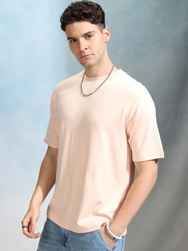 Highlander Men Peach Solid Round Neck Relaxed Fit T-Shirt