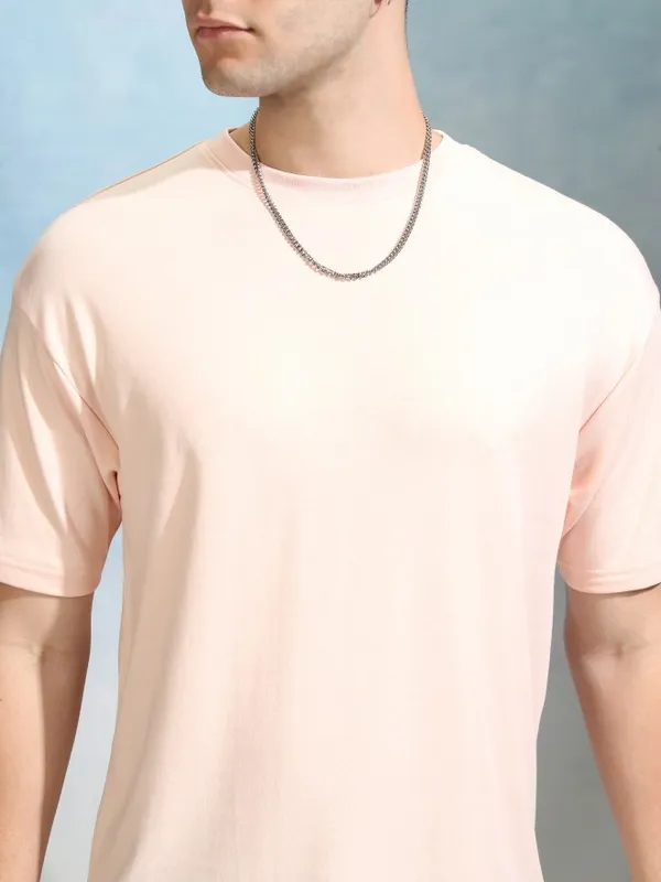 Highlander Men Peach Solid Round Neck Relaxed Fit T-Shirt