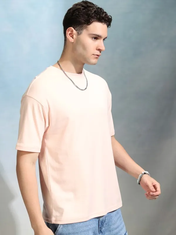 Highlander Men Peach Solid Round Neck Relaxed Fit T-Shirt