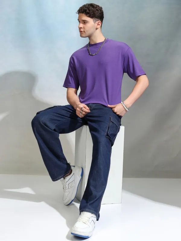 Highlander Men Purple Solid Round Neck Relaxed Fit T-Shirt