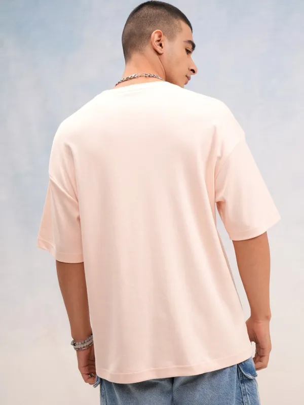 Highlander Men Peach Printed Round Neck Oversized Fit T-Shirt