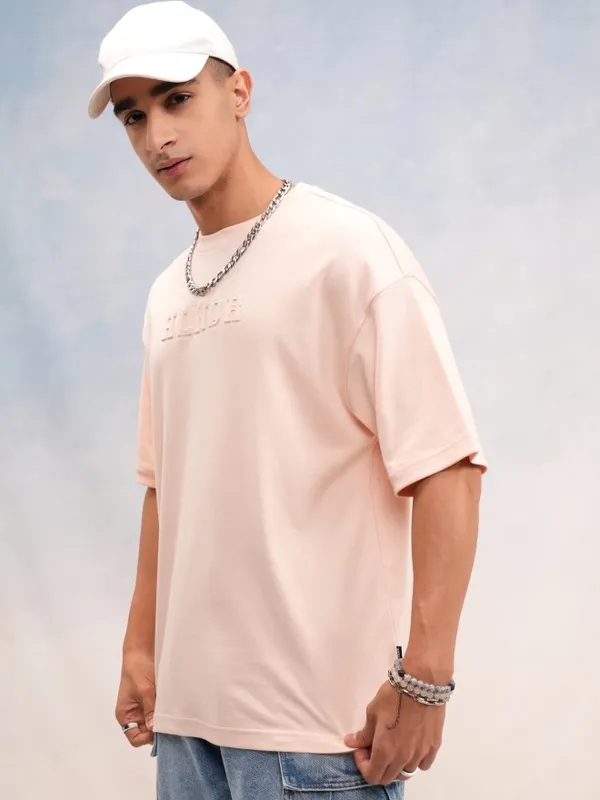 Highlander Men Peach Printed Round Neck Oversized Fit T-Shirt