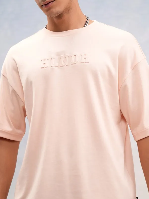 Highlander Men Peach Printed Round Neck Oversized Fit T-Shirt