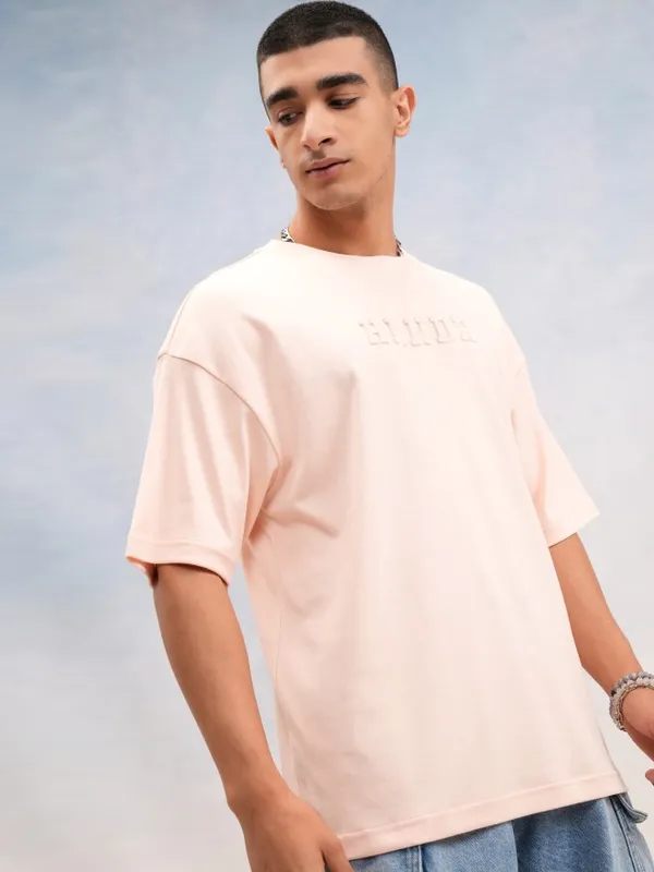 Highlander Men Peach Printed Round Neck Oversized Fit T-Shirt