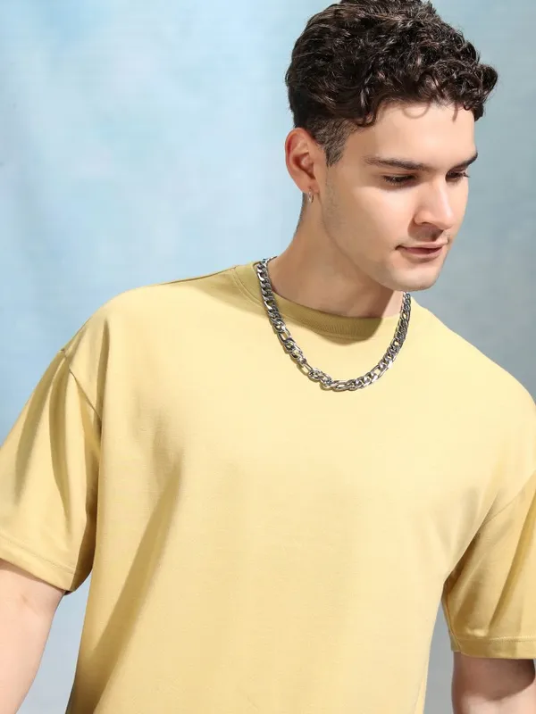 Highlander Men Beige Solid Round Neck Oversized Fit T-Shirt