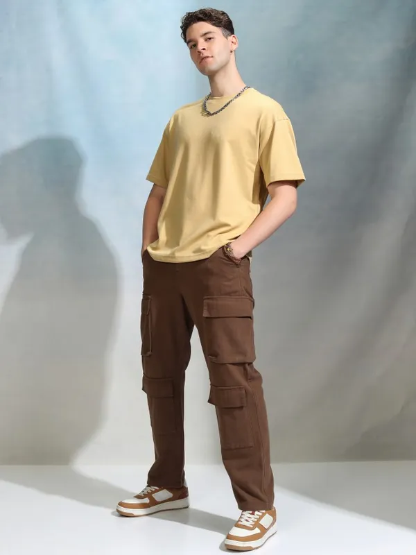 Highlander Men Yellow Solid Round Neck Oversized Fit T-Shirt