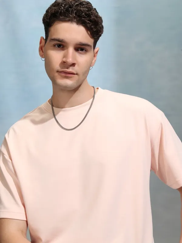 Highlander Men Peach Solid Round Neck Oversized Fit T-Shirt