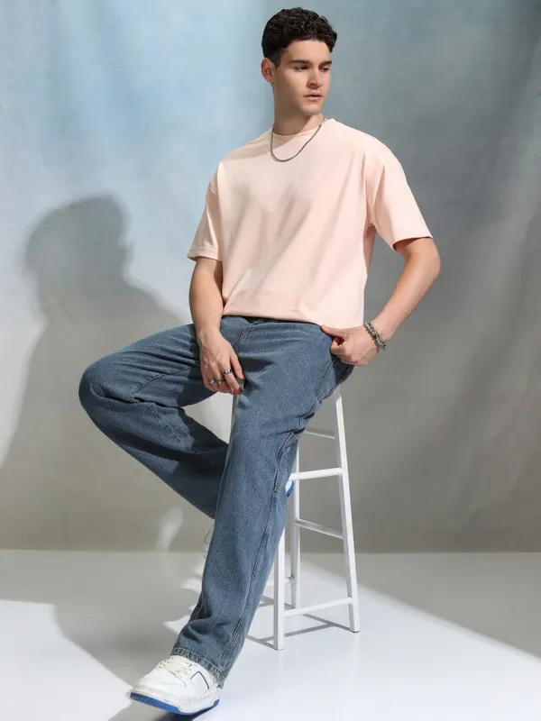 Highlander Men Peach Solid Round Neck Oversized Fit T-Shirt