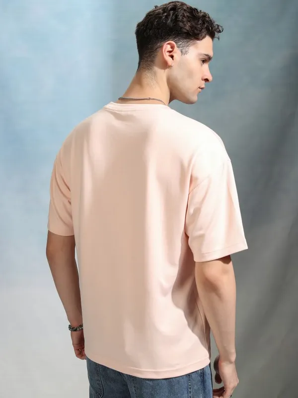 Highlander Men Peach Solid Round Neck Oversized Fit T-Shirt