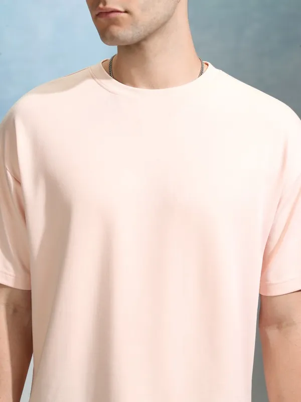 Highlander Men Peach Solid Round Neck Oversized Fit T-Shirt