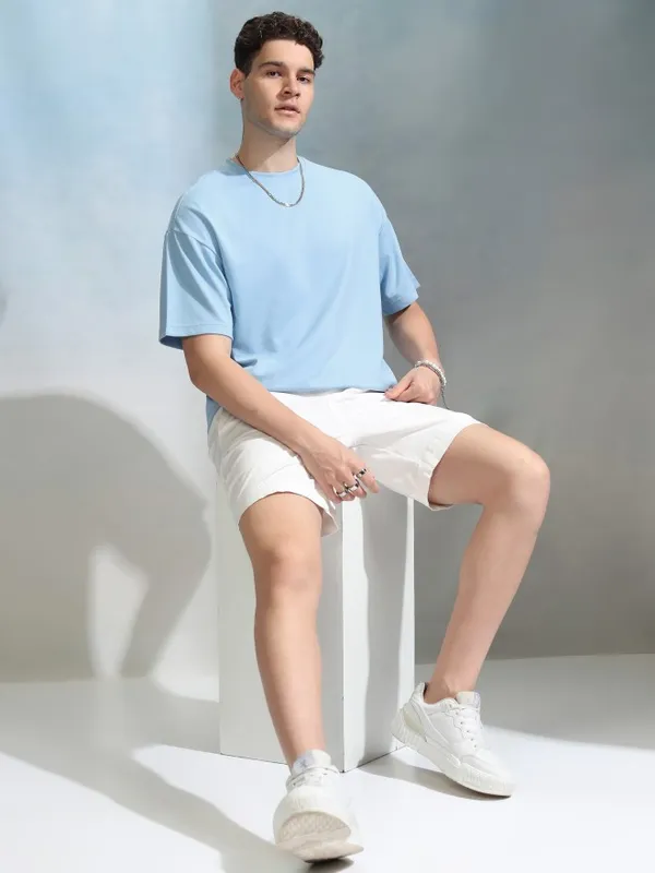 Highlander Men Blue Solid Round Neck Oversized Fit T-Shirt