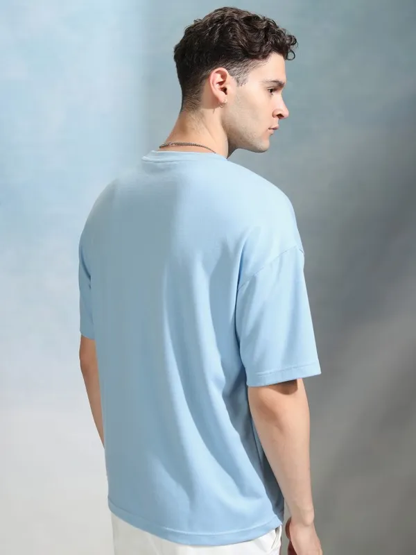 Highlander Men Blue Solid Round Neck Oversized Fit T-Shirt