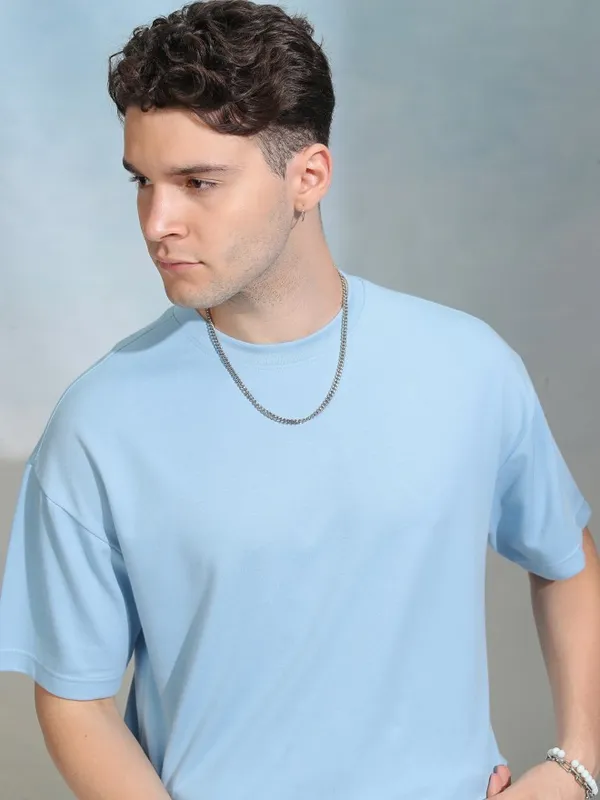 Highlander Men Blue Solid Round Neck Oversized Fit T-Shirt
