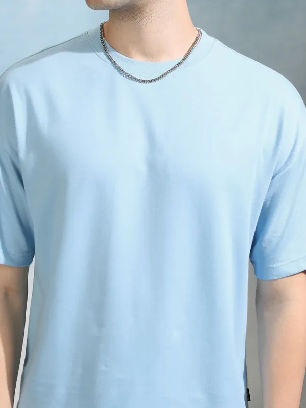 Highlander Men Blue Solid Round Neck Oversized Fit T-Shirt