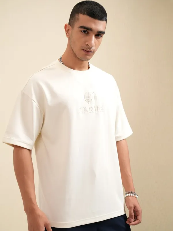 Highlander Men Off White Printed Round Neck Oversized Fit T-Shirt