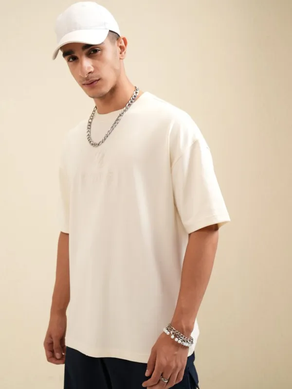 Highlander Men Off White Printed Round Neck Oversized Fit T-Shirt