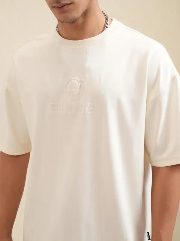 Highlander Men Off White Printed Round Neck Oversized Fit T-Shirt